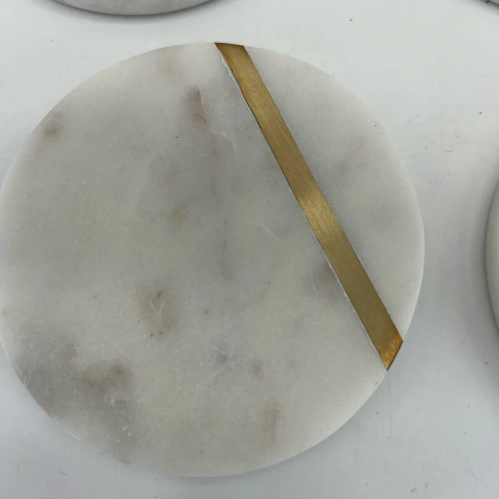 Cork & Mill Marble Coasters Set of 4  White Marble Gold Brass Bar Contemporary